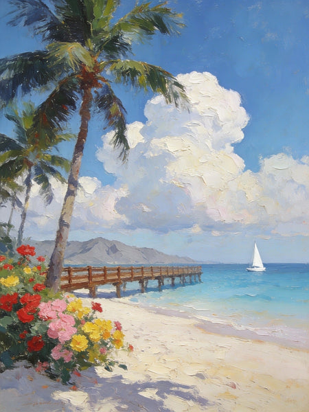 Landscape Canvas Paintings, A Coastal Scene with Blossoms and Blue Waters, Original Artwork Small Paintings, Hand Painted Canvas Art, On Canvas Small Paintings, Palette Knife Artwork-ArtWorkCrafts.com