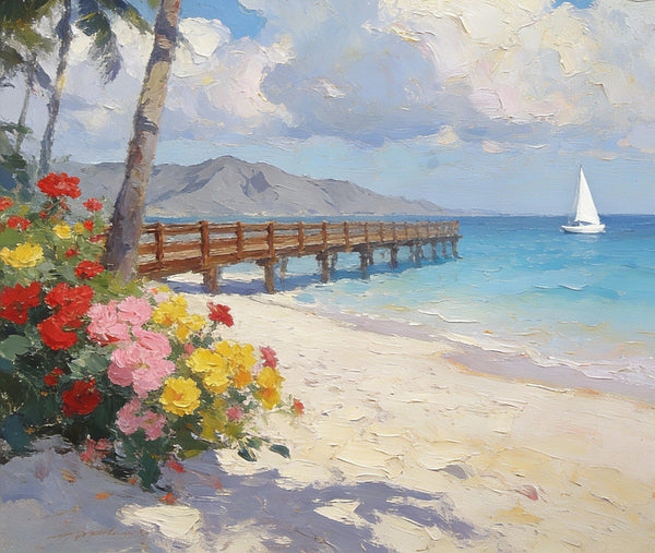 Landscape Canvas Paintings, A Coastal Scene with Blossoms and Blue Waters, Original Artwork Small Paintings, Hand Painted Canvas Art, On Canvas Small Paintings, Palette Knife Artwork-ArtWorkCrafts.com