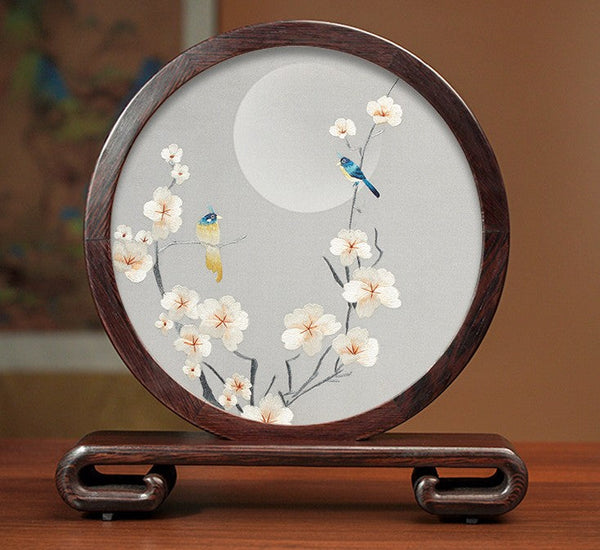Premium Souvenir, Creative Birthday Gift, Elegant Silk Embroidery Ornaments, Traditional Chinese Suzhou Flower and Birds Silk Embroidery, Exclusive Business Presents-ArtWorkCrafts.com