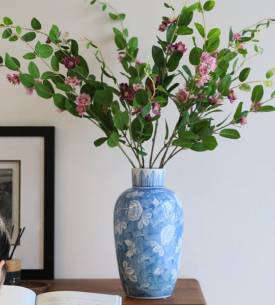 Centerpiece Ceramic Bouquet Vases, Handmade Modern Flower Vase, Large Flower Vases on Dining Table, Blue Porcelain Flower Vases-ArtWorkCrafts.com