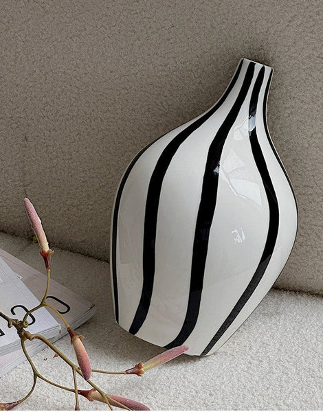 Water Holding Flower Vases, Black and White Striped Ceramic Vase, Porcelain Flower Vases, Modern Flower Vases on Table-ArtWorkCrafts.com