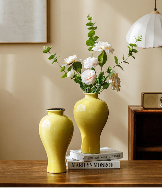 Handmade Water Holding Flower Vase, Yellow Flower Vases on Table, Ceramic Bud Vases, Porcelain Flower Vases-ArtWorkCrafts.com