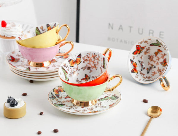 Unique Butterfly Coffee Cups and Saucers, Creative Butterfly Ceramic Coffee Cups, Beautiful British Tea Cups, Creative Bone China Porcelain Tea Cup Set-ArtWorkCrafts.com