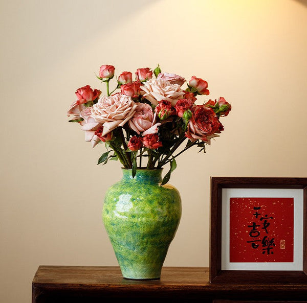 Centerpiece on Dining Table, Modern Pottery Flower Vases, Handmade Water Holding Flower Vases, Pottery Bud Vases, Large Green Flower Vases on Table-ArtWorkCrafts.com