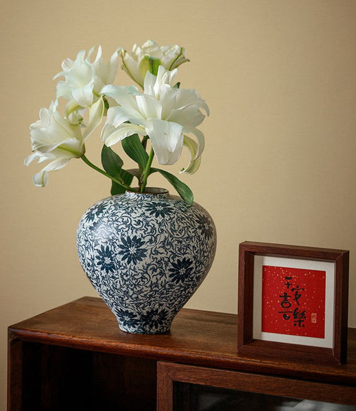 Vintage Bouquet Flower Vases, Centerpiece on Dining Table, Large Blue Flower Vase on Table, Handmade Porcelain Flower Vases Urn, Water Holding Flower Vases-ArtWorkCrafts.com