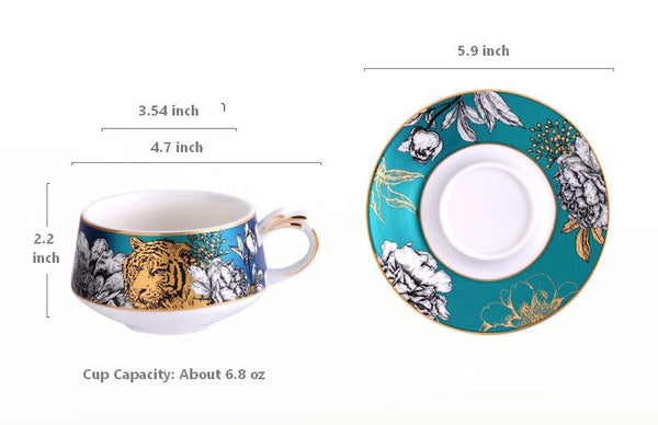 Handmade Ceramic Cups with Gold Trim and Gift Box, Jungle Tiger Cheetah Porcelain Coffee Cups, Creative Ceramic Tea Cups and Saucers-ArtWorkCrafts.com