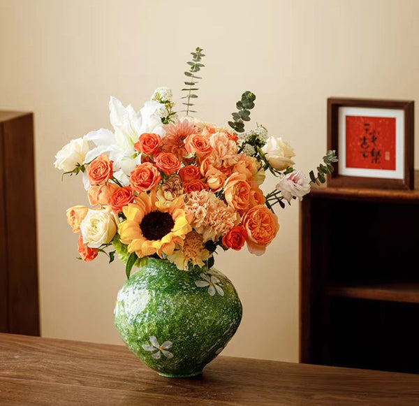 Centerpiece on Dining Table, Handmade Water Holding Flower Vases, Modern Pottery Flower Vases, Pottery Bud Vases, Large Green Flower Vases on Table-ArtWorkCrafts.com