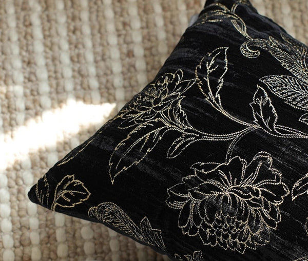 Contemporary Modern Sofa Pillows, Black Embroidery Flower Pattern Pillows for Couch, Decorative Throw Pillows for Bedroom, Large Modern Sofa Pillow for Dining Room