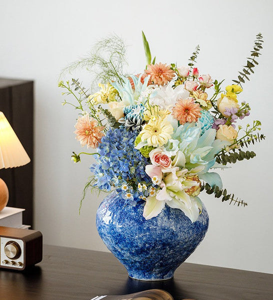 Modern Pottery Flower Vases, Handmade Water Holding Flower Vases, Centerpiece on Dining Table, Blue Pottery Bud Vases, Large Flower Vases on Table-ArtWorkCrafts.com