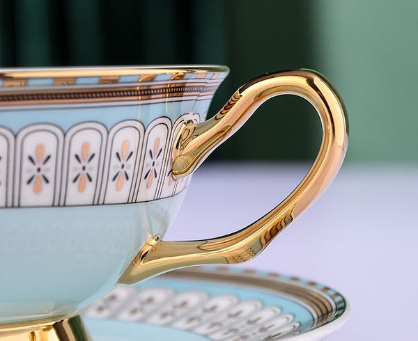 Royal Blue and Pink Bone China Porcelain Tea Cup Set, Tea Cups and Saucers in Gift Box, Elegant Ceramic Coffee Cups, Beautiful British Tea Cups-ArtWorkCrafts.com