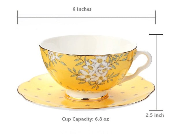 Creative Yellow Ceramic Coffee Cups, Unique Flower Coffee Cup and Saucer, Beautiful British Tea Cups, Creative Porcelain Tea Cup Set-ArtWorkCrafts.com
