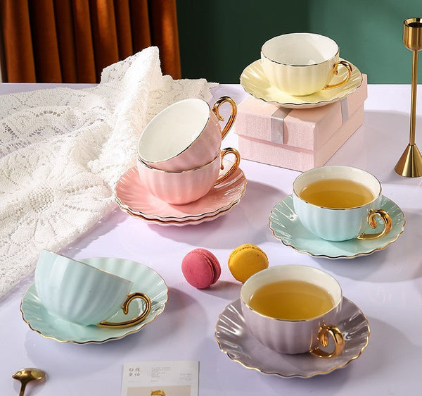 Creative Porcelain Tea Cup Saucer Set of 2 Cups, Elegant Macaroon Ceramic Coffee Cups, Beautiful British Tea Cups, 6.8 oz Tea Cup and Saucer in Gift Box as Birthday Gift-ArtWorkCrafts.com