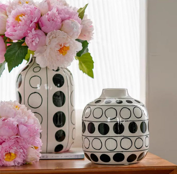 Ceramic Bud Vases, Black and White Polka Dot Flower Vase, Small Flower Vases on Table, Modern Porcelain Flower Vases, Handmade Water Holding Flower Vases-ArtWorkCrafts.com