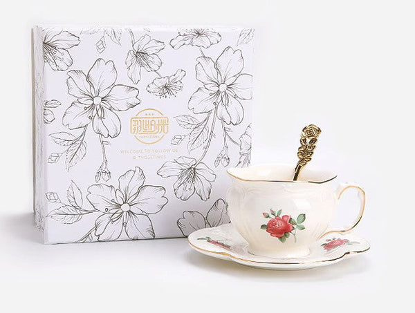 British Royal Ceramic Cups for Traditional Afternoon Tea, 7.4 oz Ceramic Coffee Cups, Rose Porcelain Tea Cup Saucer Set, 6.8 oz Tea Cup and Saucer in Gift Box-ArtWorkCrafts.com