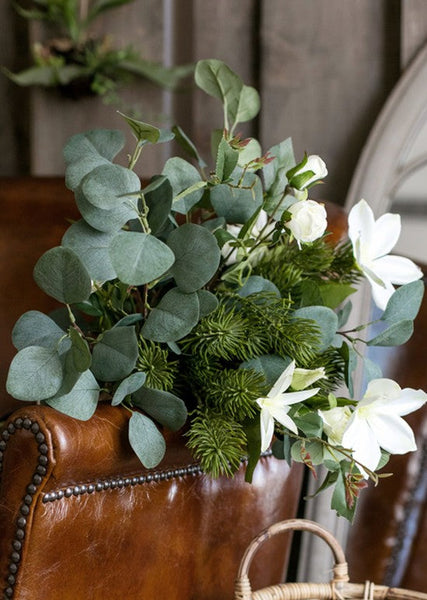Eucalyptus Globulus, Clematis, White Rose Flowers, Unique Flower Arrangement for Home Decoration, Beautiful Modern Artificial Flowers for Dining Room Table-ArtWorkCrafts.com