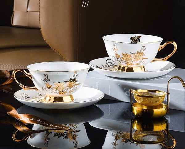 Golden Leaves and Grapes Bone China Porcelain Tea Cup Set, Unique British Tea Cup and Saucer in Gift Box, Elegant British Ceramic Coffee Cups-ArtWorkCrafts.com