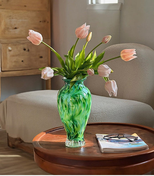 Large Green Glass Flower Vases, Modern Glass Flower Vases, Water Holding Flower Vases, Handmade Flower Vases on Table