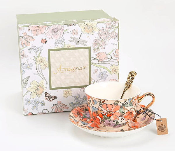 Elegant Ceramic Coffee Cups, Flower Porcelain Tea Cup Saucer Set, British Royal Ceramic Cups for Traditional Afternoon Tea, Unique Tea Cup and Saucer in Gift Box-ArtWorkCrafts.com