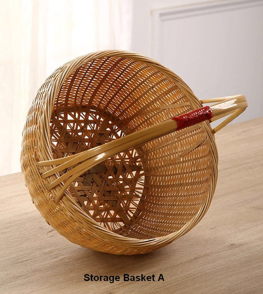Natural Hand-woven Bamboo Basket, Extra Large Picnic Food Basket with Handle, Lovely Bamboo Baskets for Vegetable, Natural Fruit Basket Kitchen Storage Baskets-ArtWorkCrafts.com