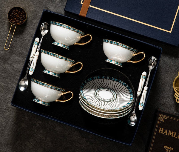 Unique Tea Cup and Saucer in Gift Box, Elegant British Ceramic Coffee Cups, Bone China Porcelain Tea Cup Set for Office, Green Ceramic Cups-ArtWorkCrafts.com