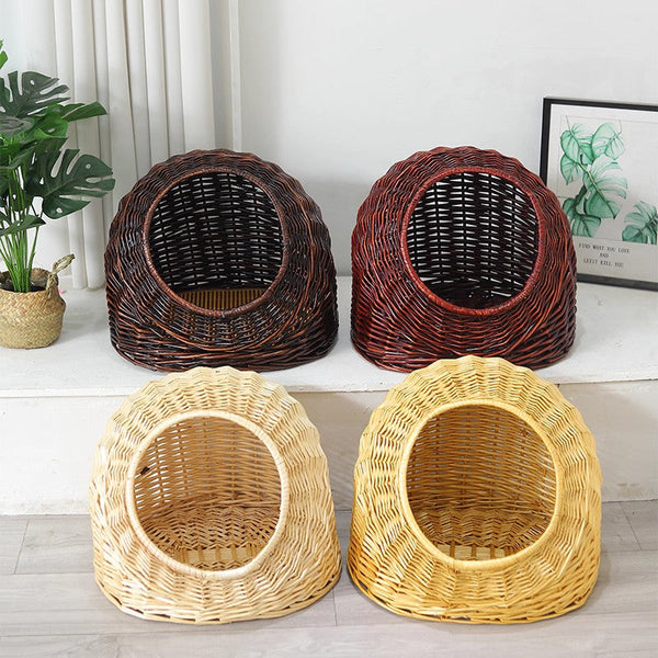 Natural Wicker Cat House Basket with Washable Cushion for Indoor Cats and Dogs, Rattan Cat Bed-ArtWorkCrafts.com