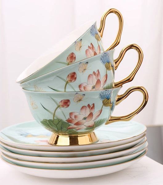 Lotus Flower Porcelain Tea Cup Saucer Set, Unique British Tea Cup and Saucer in Gift Box, Elegant British Ceramic Coffee Cups-ArtWorkCrafts.com