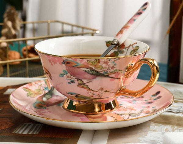 Unique Tea Cup and Saucer in Gift Box, Lovely Birds Ceramic Cups, Elegant Ceramic Coffee Cups, Afternoon Bone China Porcelain Tea Cup Set-ArtWorkCrafts.com