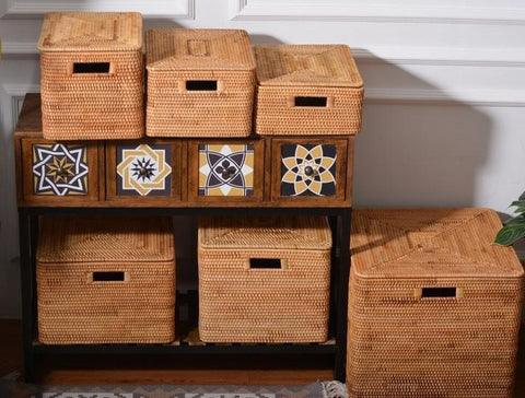 Rectangular Storage Basket with Lid, Woven Rattan Storage Basket for Shelves, Storage Baskets for Bedroom, Pantry Storage Baskets-ArtWorkCrafts.com
