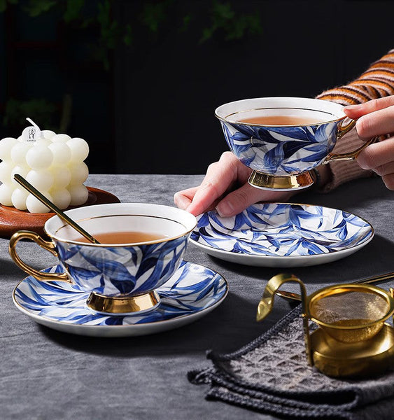 Unique British Tea Cup and Saucer in Gift Box, Blue Porcelain Tea Cup Saucer Set, 7.4 oz British Ceramic Coffee Cups-ArtWorkCrafts.com