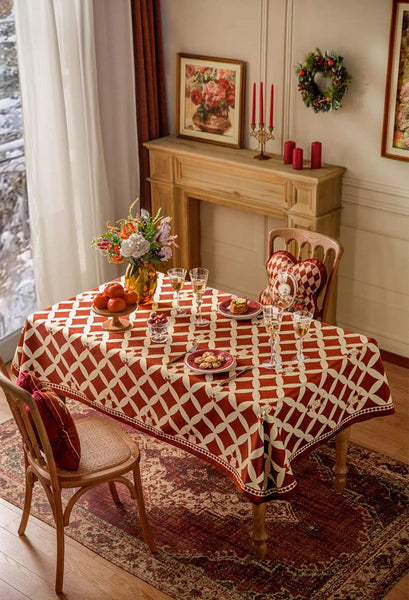 Holiday Red Tablecloth for Dining Table, Rabbit Pattern Table Cover for Dining Room Table, Modern Rectangle Tablecloth for Oval Table-ArtWorkCrafts.com