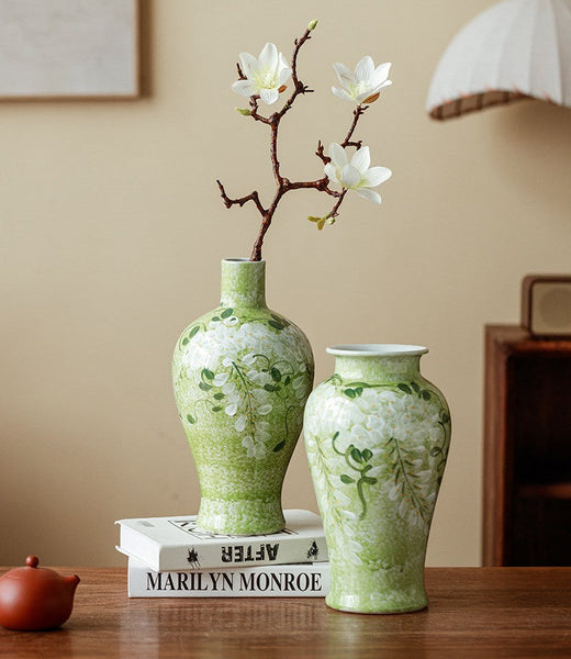 Centerpiece Ceramic Bud Vases, Large Flower Vases on Table, Green Porcelain Flower Vases, Handmade Water Holding Flower Vase-ArtWorkCrafts.com