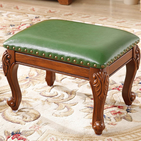 Genuine Leather Solid Wood Entry Bench, Vanity Stool, Solid Wood Ottoman, Rubberwood Entry Bench, Vintage Entry Stool-ArtWorkCrafts.com