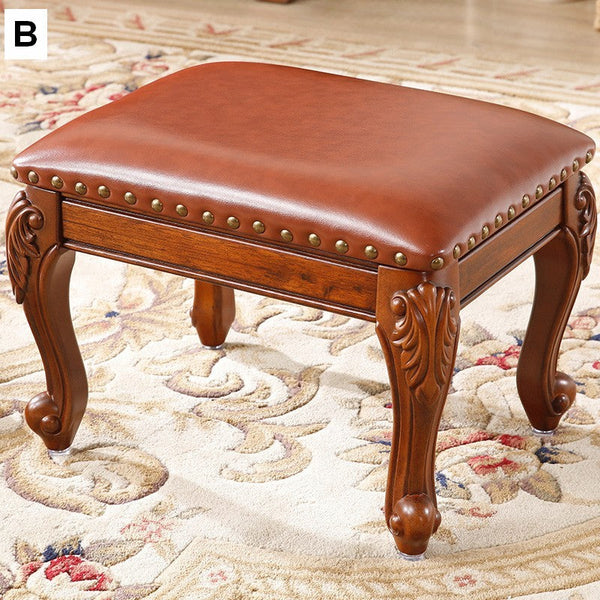 Genuine Leather Solid Wood Entry Bench, Vanity Stool, Solid Wood Ottoman, Rubberwood Entry Bench, Vintage Entry Stool-ArtWorkCrafts.com