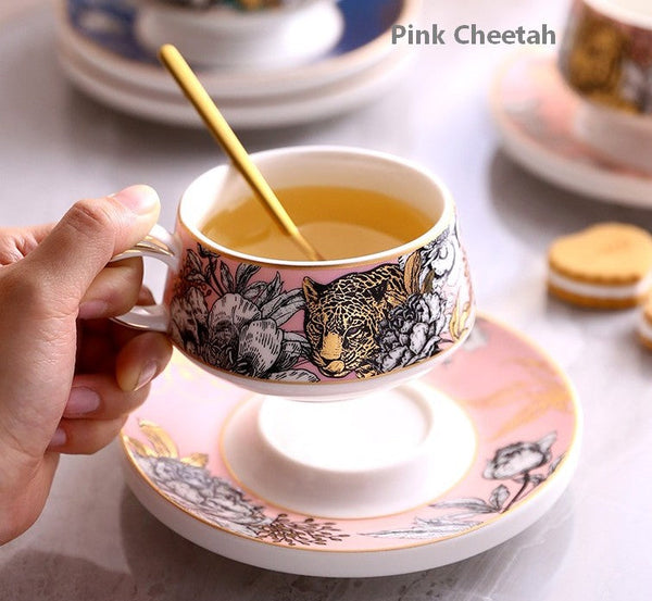 Unique Ceramic Cups with Gold Trim and Gift Box, Creative Ceramic Tea Cups and Saucers, Jungle Tiger Cheetah Porcelain Coffee Cups-ArtWorkCrafts.com