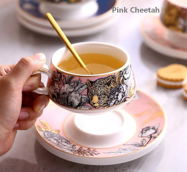 Handmade Ceramic Cups with Gold Trim and Gift Box, Jungle Tiger Cheetah Porcelain Coffee Cups, Creative Ceramic Tea Cups and Saucers-ArtWorkCrafts.com