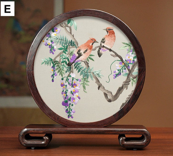 Premium Souvenir, Creative Birthday Gift, Elegant Silk Embroidery Ornaments, Traditional Chinese Suzhou Flower and Birds Silk Embroidery, Exclusive Business Presents-ArtWorkCrafts.com