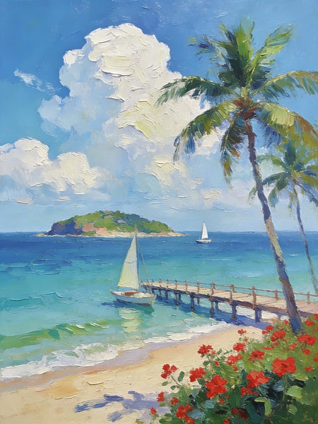 Canvas Paintings, Tropical Beach Retreat, Palm Trees, Sailboats, and Floral Paths, Original Artwork Small Paintings, Hand Painted Canvas Art, On Canvas Small Paintings, Palette Knife Artwork, Landscape Artwork-ArtWorkCrafts.com