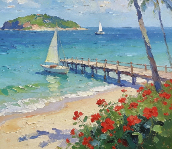 Canvas Paintings, Tropical Beach Retreat, Palm Trees, Sailboats, and Floral Paths, Original Artwork Small Paintings, Hand Painted Canvas Art, On Canvas Small Paintings, Palette Knife Artwork, Landscape Artwork-ArtWorkCrafts.com