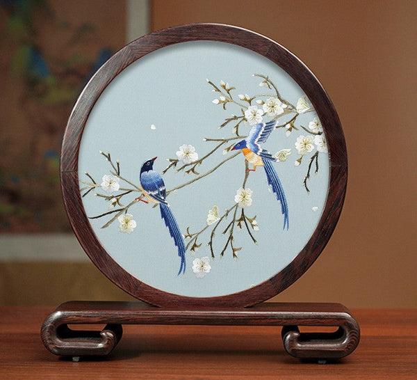 Creative Birthday Gift, Premium Souvenir, Elegant Silk Embroidery Ornaments, Traditional Chinese Suzhou Flower and Birds Silk Embroidery, Exclusive Business Presents-ArtWorkCrafts.com