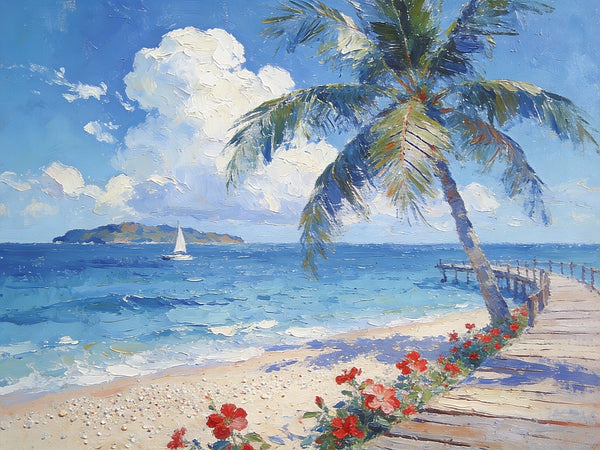Tropical Beach, Palm, Dock and Sailboat, Original Wall Paintings, Original Artwork Small Paintings, Small Landscape Paintings, On Canvas Small Paintings, Small Canvas Art-ArtWorkCrafts.com