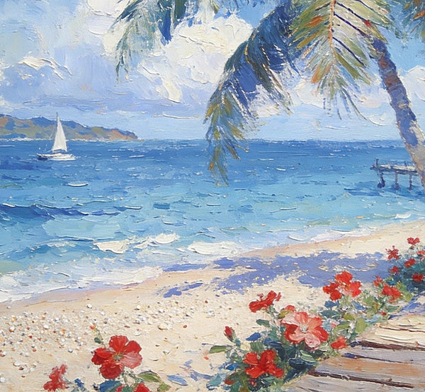 Tropical Beach, Palm, Dock and Sailboat, Original Wall Paintings, Original Artwork Small Paintings, Small Landscape Paintings, On Canvas Small Paintings, Small Canvas Art-ArtWorkCrafts.com