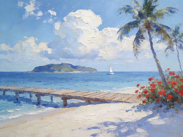 Simple Painting Ideas, Tropical Beach with Palm Trees and Dock, Small Wall Art on Canvas, Landscape Canvas Paintings, Impasto Wall Art Paintings, Original Oil Paintings-ArtWorkCrafts.com
