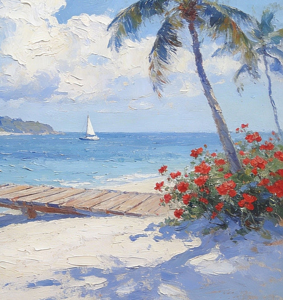 Simple Painting Ideas, Tropical Beach with Palm Trees and Dock, Small Wall Art on Canvas, Landscape Canvas Paintings, Impasto Wall Art Paintings, Original Oil Paintings-ArtWorkCrafts.com