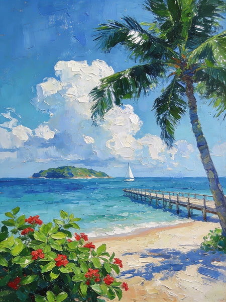 Original Small Paintings, Tropical Beach Retreat, Palm Tree, Flowers, and Calm Seas, Small Oil Paintings, Landscape Artwork Canvas Paintings, Small Wall Paintings-ArtWorkCrafts.com