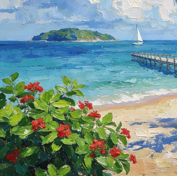 Original Small Paintings, Tropical Beach Retreat, Palm Tree, Flowers, and Calm Seas, Small Oil Paintings, Landscape Artwork Canvas Paintings, Small Wall Paintings-ArtWorkCrafts.com