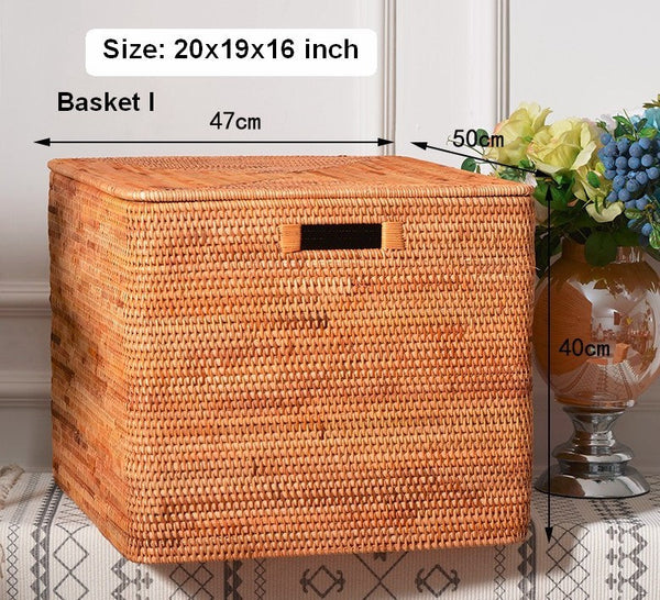 Square Storage Basket with Lid, Extra Large Storage Baskets for Clothes, Rattan Storage Basket for Shelves, Oversized Storage Baskets for Kitchen-ArtWorkCrafts.com
