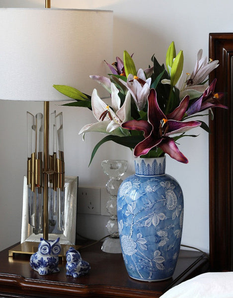 Large Flower Vases on Dining Table, Blue Porcelain Flower Vases, Centerpiece Ceramic Bouquet Vases, Handmade Modern Flower Vase-ArtWorkCrafts.com