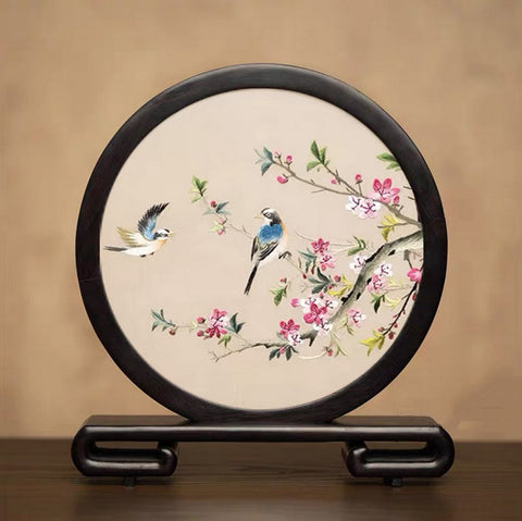 Exclusive Business Present, Flower and Bird Embroidered Decor, Unique Birthday Gift, Traditional Chinese Suzhou Embroidery Ornament, Premium Souvenir-ArtWorkCrafts.com
