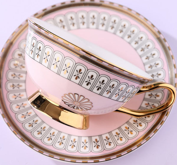 Royal Blue and Pink Bone China Porcelain Tea Cup Set, Tea Cups and Saucers in Gift Box, Elegant Ceramic Coffee Cups, Beautiful British Tea Cups-ArtWorkCrafts.com