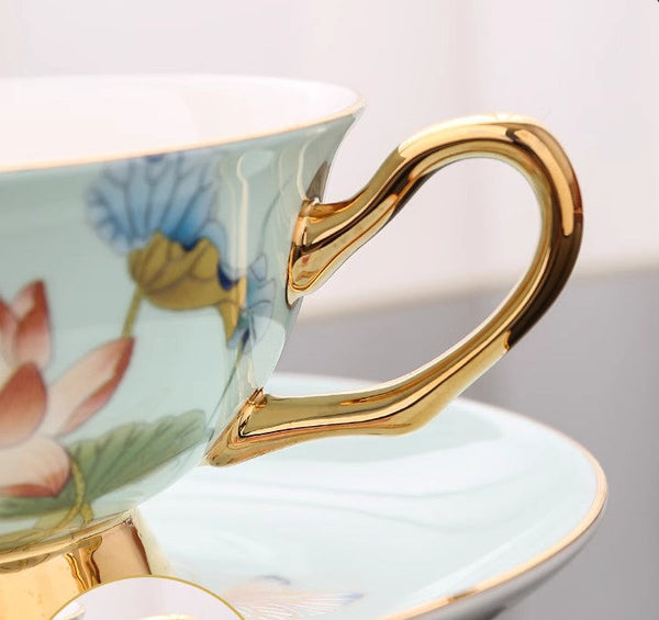 Unique British Tea Cup and Saucer in Gift Box, Lotus Flower Porcelain Tea Cup Saucer Set, Elegant British Ceramic Coffee Cups-ArtWorkCrafts.com
